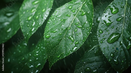 Vivid green leaves draped with rain droplets, emphasizing the rejuvenating power of nature and creating a serene atmosphere that enhances the beauty of the greenery.