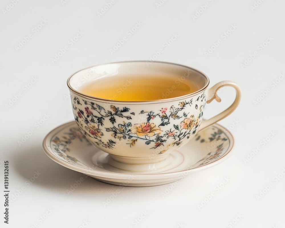 Elegant porcelain teacup with floral design filled with tea Elegant porcelain teacup with floral design filled with tea