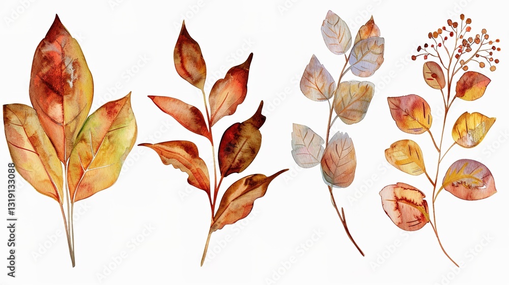 Fototapeta premium Beautiful autumn background featuring a watercolor brush texture, showcasing delicate hand-drawn watercolor flowers and botanical leaves. Evoking a sense of the fall season with artistic and natural