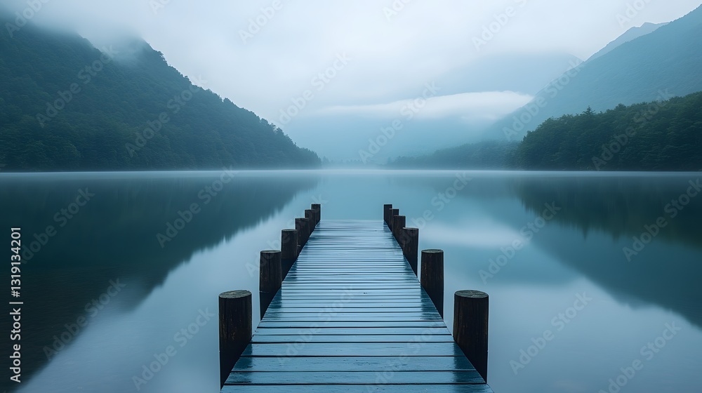 Mirror-like lake reflects misty mountains through still waters with wooden posts extending into distance, captured via long exposure in monochromatic blue tones for ethereal minimalist landscape. Mirror-like lake reflects misty mountains through still waters with wooden posts extending into distance, captured via long exposure in monochromatic blue tones for ethereal minimalist landscape.