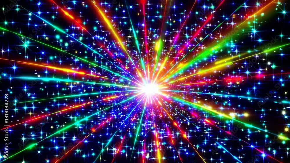Radiant burst of colorful light rays on black background, glowing celebration concept Radiant burst of colorful light rays on black background, glowing celebration concept