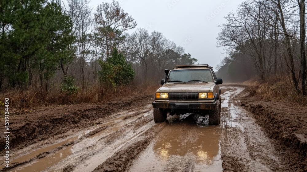 Off-Road Vehicle Navigating Muddy Trail in Foggy Forest Environment Off-Road Vehicle Navigating Muddy Trail in Foggy Forest Environment