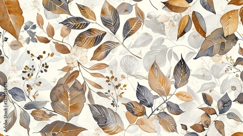 Beautiful autumn background featuring a watercolor brush texture, showcasing delicate hand-drawn watercolor flowers and botanical leaves. Evoking a sense of the fall season with artistic and natural 