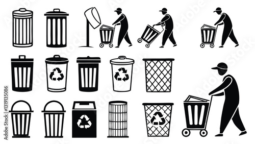 "Set of Black and White Trash Bin Icons – Garbage Can, Waste Disposal, Recycling Symbols, and Litter Management Illustrations for Eco-Friendly Design"
