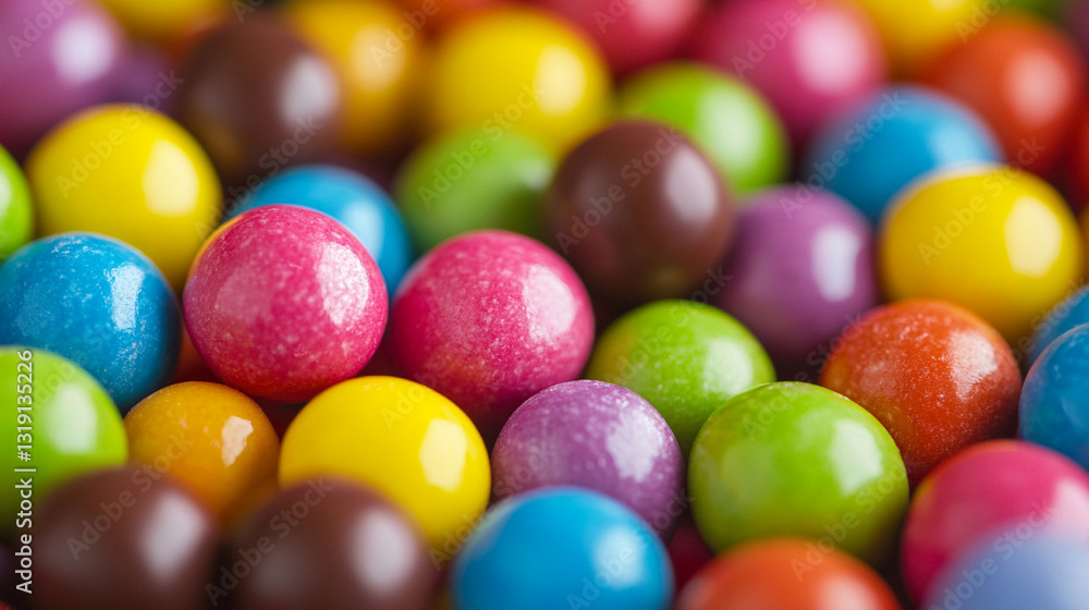 A detailed close-up of a candy-coated chocolate assortment in various bright colors. A detailed close-up of a candy-coated chocolate assortment in various bright colors.