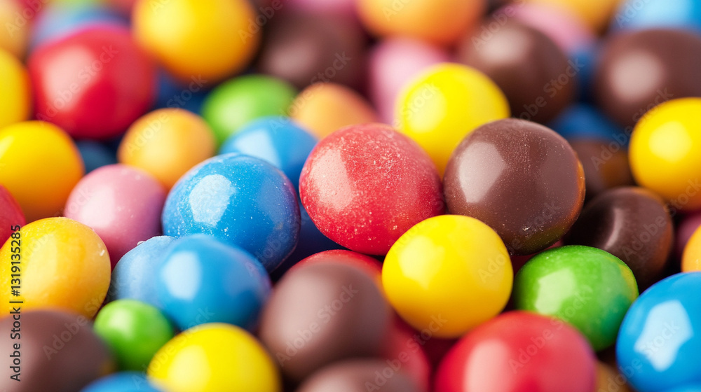 A detailed close-up of a candy-coated chocolate assortment in various bright colors. A detailed close-up of a candy-coated chocolate assortment in various bright colors.
