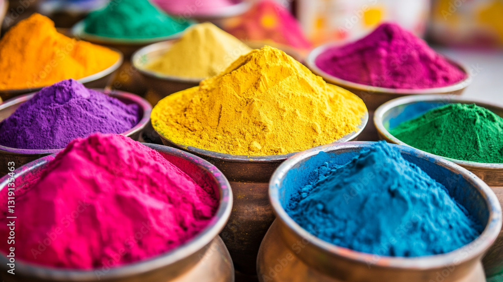 A vibrant shot of powdered pigments swirling in the air during a Holi festival. A vibrant shot of powdered pigments swirling in the air during a Holi festival.
