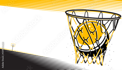 A basketball ball falls through hoop for scoring point. The sport concepts.