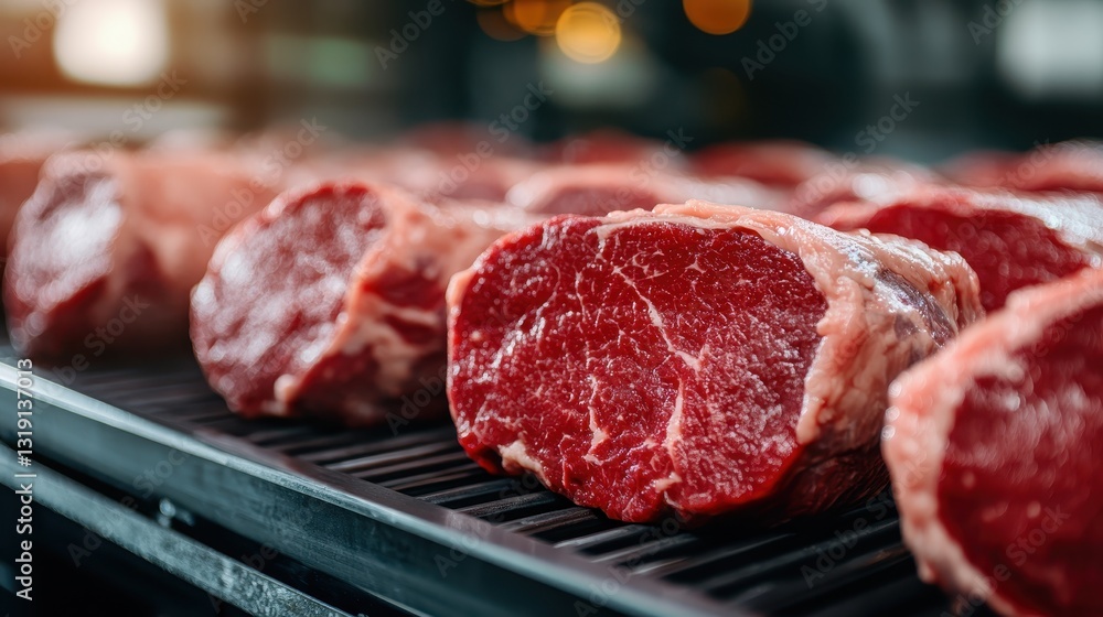 This image features vivid cuts of raw beef on a grill grate, highlighting their rich red color and marbling, perfect for a culinary stock photo collection. This image features vivid cuts of raw beef on a grill grate, highlighting their rich red color and marbling, perfect for a culinary stock photo collection.