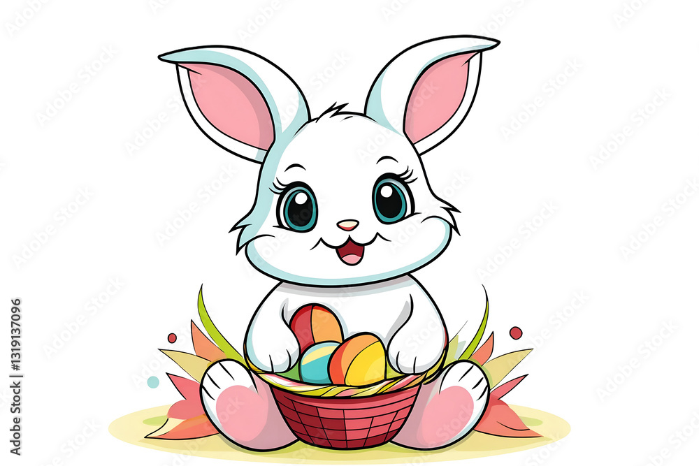 An adorable cartoon bunny is joyfully surrounded by a variety of colorful Easter eggs, ideal for holiday themes