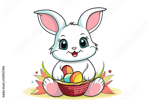 Obraz na płótnie An adorable cartoon bunny is joyfully surrounded by a variety of colorful Easter eggs, ideal for holiday themes w salonie