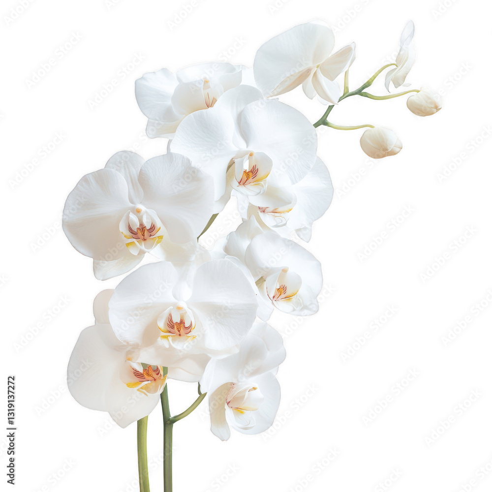 A delicate arrangement of white orchids showcasing elegant petals and buds. A delicate arrangement of white orchids showcasing elegant petals and buds.