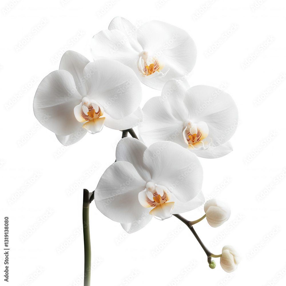 A cluster of elegant white orchids with delicate petals and vibrant orange centers. A cluster of elegant white orchids with delicate petals and vibrant orange centers.