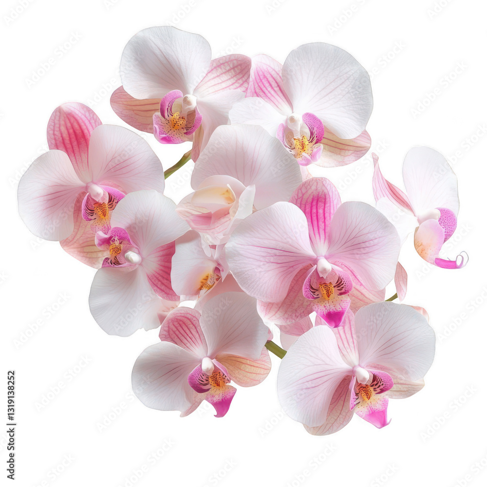 Obraz premium A vibrant cluster of pink and white orchids showcasing delicate petals and intricate details.