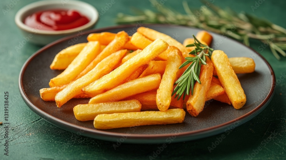 Golden, crispy french fries served on a rustic plate, garnished with fragrant rosemary, ideal for sharing. Perfectly paired with a small bowl of ketchup for dipping Golden, crispy french fries served on a rustic plate, garnished with fragrant rosemary, ideal for sharing. Perfectly paired with a small bowl of ketchup for dipping