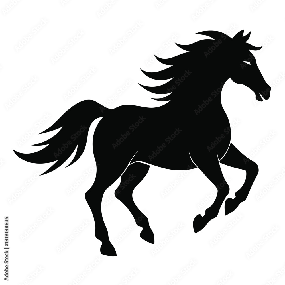 Obraz premium Black Silhouette of Elegant Horse Standing with Flowing Mane on White Background