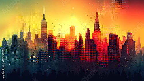 Sunrise over a dystopian New York City skyline,  vibrant colors,  graphic design.