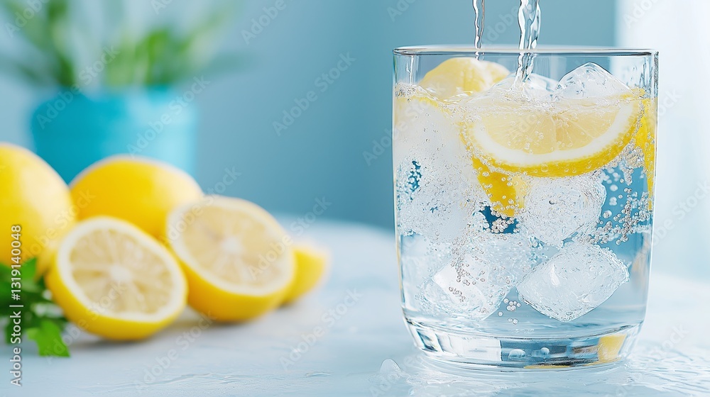 A refreshing glass of lemon-infused sparkling water with ice cubes, emphasizing hydration and a healthy lifestyle A refreshing glass of lemon-infused sparkling water with ice cubes, emphasizing hydration and a healthy lifestyle