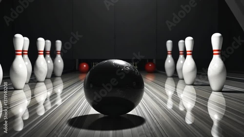 Bowling alley setup with pins and bowling ball ready for a perfect strike game