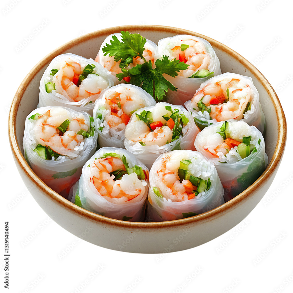 A Bowl of Vietnamese Shrimp Spring Rolls Isolated on Transparent Background A Bowl of Vietnamese Shrimp Spring Rolls Isolated on Transparent Background