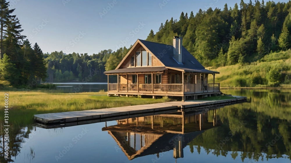 Fototapeta premium Lakeside Cabin Reflection