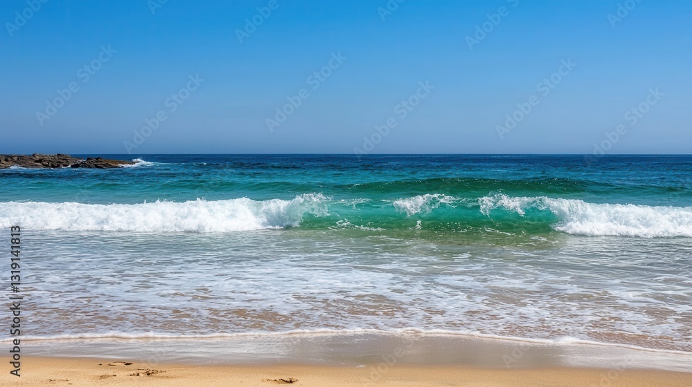 Serene Beach Scene with Gentle Waves Under Clear Blue Sky Serene Beach Scene with Gentle Waves Under Clear Blue Sky