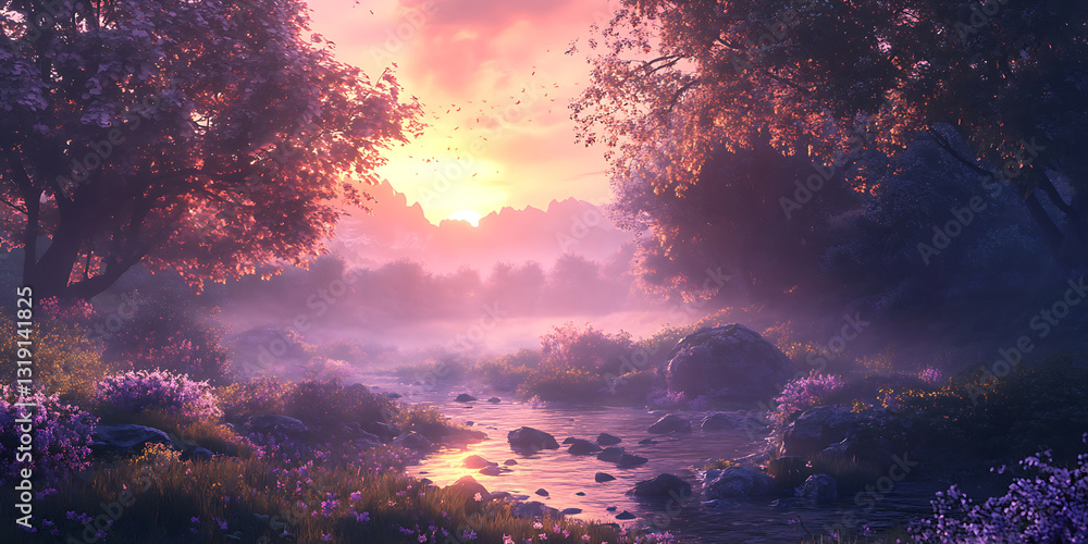 Naklejka premium Dreamy Valley Covered in Mist at Sunrise for Nature Photography, Travel Inspiration, or Atmospheric Art Projects