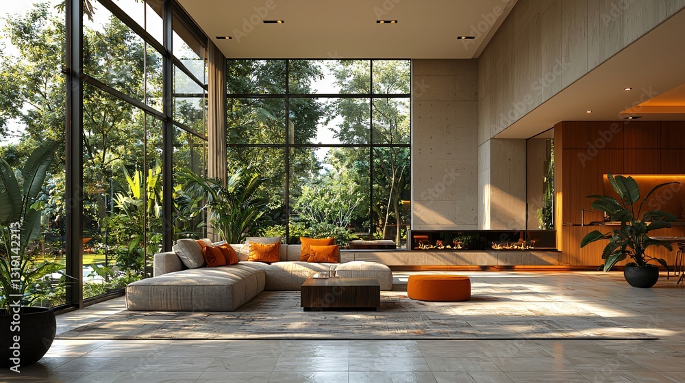 Fototapeta premium Modern interior design of a spacious living room with large windows and natural light, greenery outside