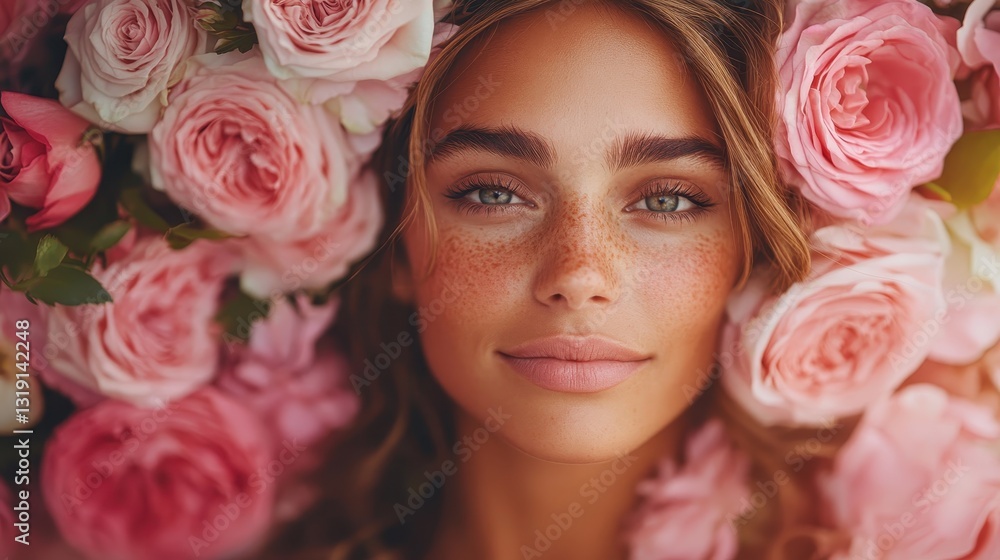 An enchanting portrait of a woman immersed in a sea of pink roses, exuding joy and tranquility, embodies the essence of floral beauty and youthful energy in a captivating frame. An enchanting portrait of a woman immersed in a sea of pink roses, exuding joy and tranquility, embodies the essence of floral beauty and youthful energy in a captivating frame.