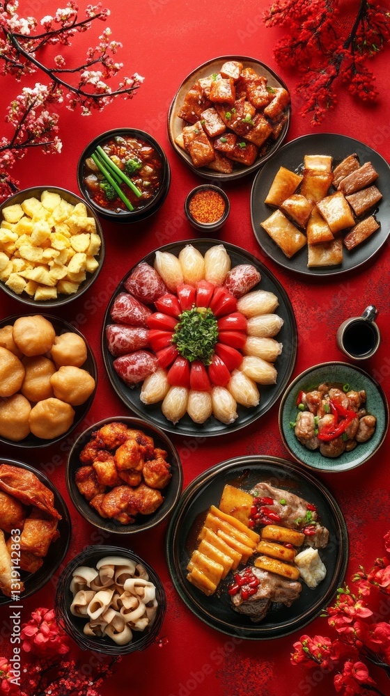 A beautiful spread of assorted dishes takes center stage, featuring traditional foods arranged artistically on dark plates. Cherry blossoms add a touch of elegance to this festive celebration A beautiful spread of assorted dishes takes center stage, featuring traditional foods arranged artistically on dark plates. Cherry blossoms add a touch of elegance to this festive celebration
