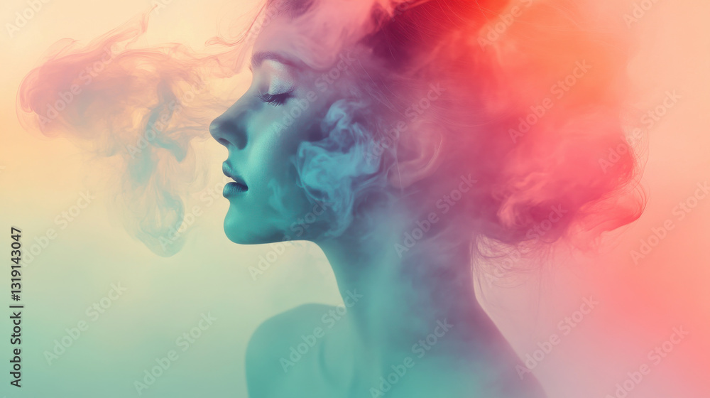 This features woman with colorful smoke surrounding her, creating dreamy and ethereal atmosphere. soft colors blend This features woman with colorful smoke surrounding her, creating dreamy and ethereal atmosphere. soft colors blend