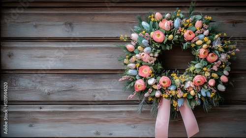 A vibrant wreath adorned with blooming roses, tulips, and greenery is showcased against a weathered wooden background, embodying the essence of spring’s beauty and renewal