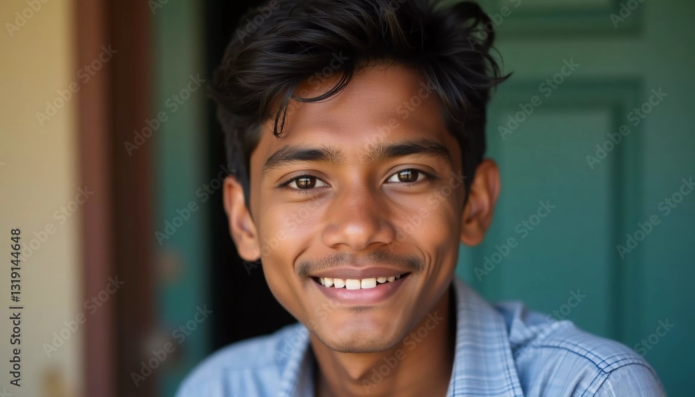 A young male resident of India radiates joy with a warm smile while sitting comfortably indoors. The soft afternoon light enhances the welcoming atmosphere around him A young male resident of India radiates joy with a warm smile while sitting comfortably indoors. The soft afternoon light enhances the welcoming atmosphere around him