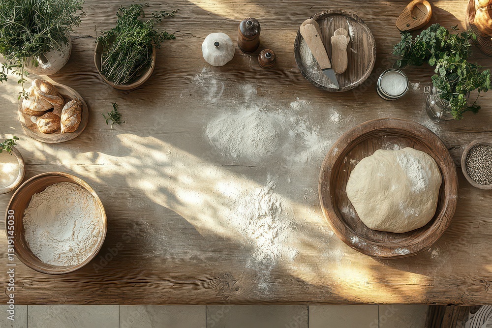 Fototapeta premium Rustic Kitchen Countertop with Dough and Fresh Herbs