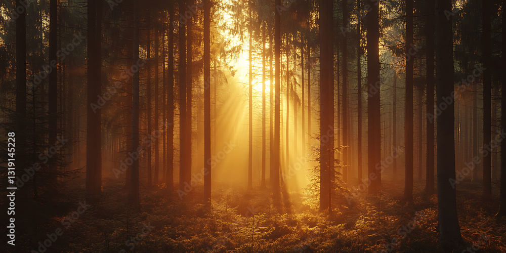 Fototapeta premium Golden Sunlight Filtering Through Tall Pine Trees in a Peaceful Forest for a Serene Escape