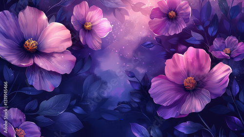 Purple flowers with glowing leaves against a dreamy, colorful background.