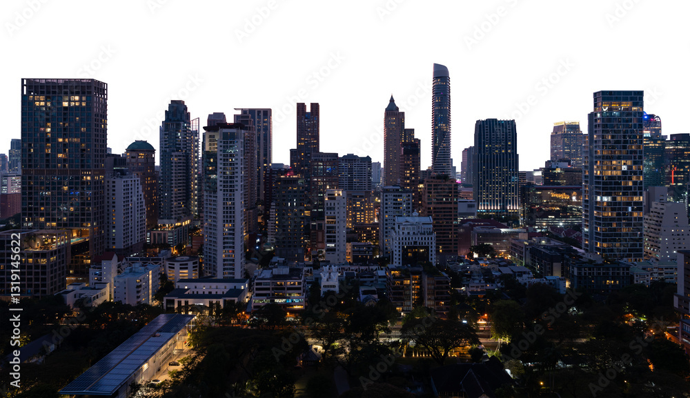 Naklejka premium Bangkok city skyline at night with illuminated skyscrapers, modern buildings, and urban landscape, isolated on a white background