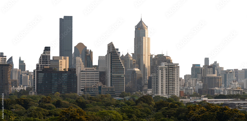 Obraz premium Bangkok city skyline with modern skyscrapers and lush green park in the foreground, isolated on a white background. Urban cityscape concept