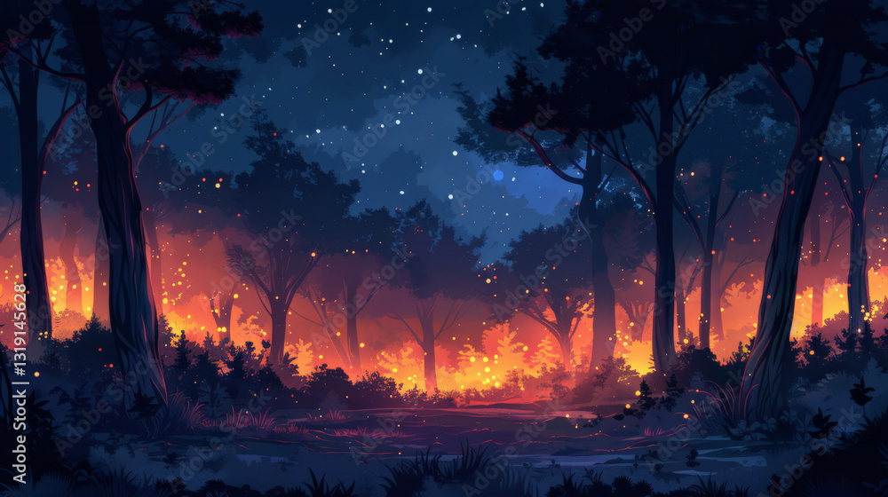 Ethereal forest under a starry night illuminated by a vivid wildfire glow Ethereal forest under a starry night illuminated by a vivid wildfire glow