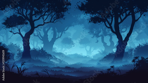 Mysterious moonlit forest with misty ambiance and silhouetted trees