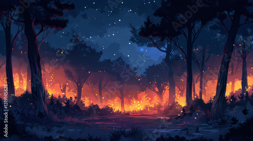 Ethereal forest under a starry night illuminated by a vivid wildfire glow