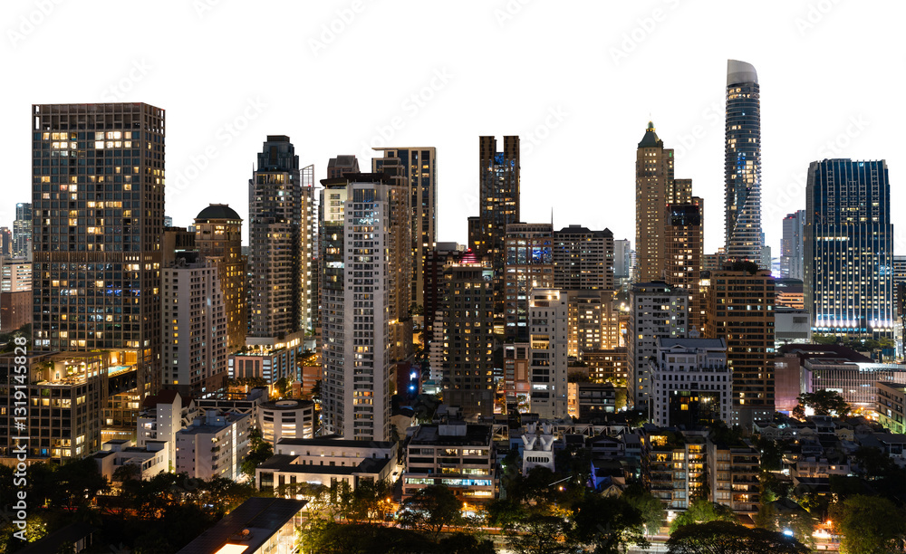 Modern Bangkok city skyline at night with illuminated buildings, isolated on a white background. Capturing the vibrant urban architecture of Thailand Modern Bangkok city skyline at night with illuminated buildings, isolated on a white background. Capturing the vibrant urban architecture of Thailand
