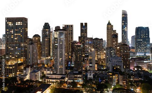 Fototapeta Naklejka Na Ścianę i Meble -  Modern Bangkok city skyline at night with illuminated buildings, isolated on a white background. Capturing the vibrant urban architecture of Thailand