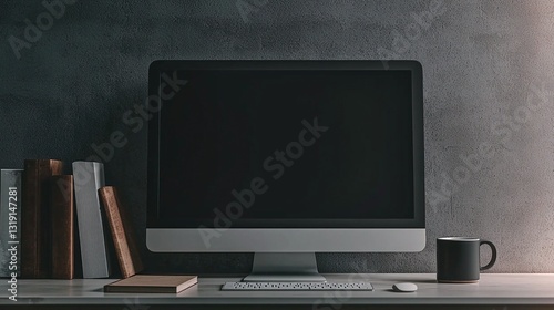 Front view of an iMac with a blank black screen on a desk, accompanied by a coffee mug and books, against a concrete wall background in a minimalist, modern workspace setting.  
Front view of an iMac 