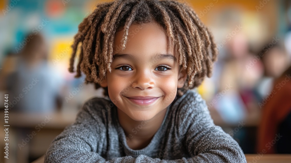 A young boy with curly hair smiles brightly while sitting at a classroom table, leaning slightly forward with an open tablet in front of him. A young boy with curly hair smiles brightly while sitting at a classroom table, leaning slightly forward with an open tablet in front of him.