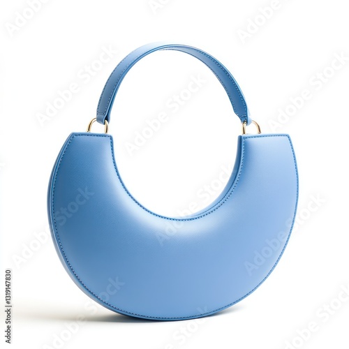 Crescent shape blue leather handbag isolated on white background.