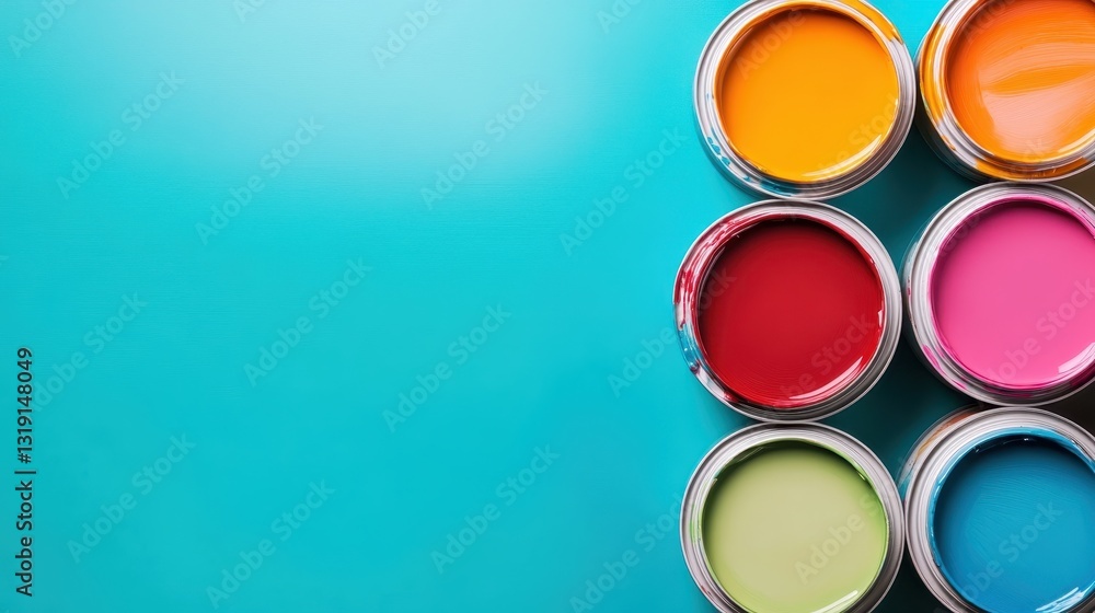 A vibrant arrangement of various paint cans displaying bright hues on a clean, turquoise background, perfect for projects showcasing color and creativity.