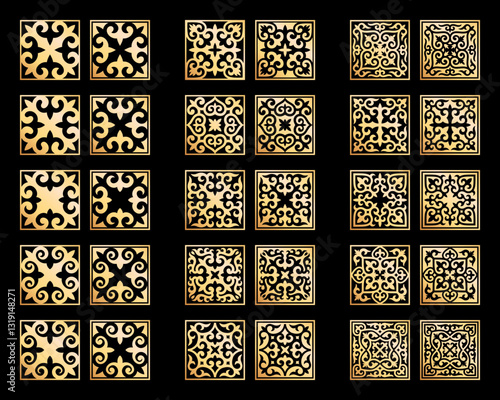 Vector Set of different gold ornaments in Kazakh style isolated on a black background. Square decor in two variant the positive and negative. Elements of the national pattern of the ancient nomads