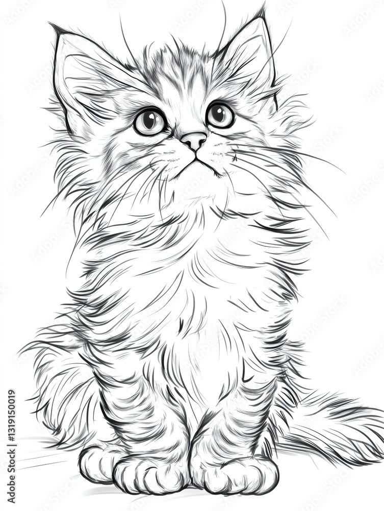 Fototapeta premium Cute long haired kitten looking up in black and white sketch style