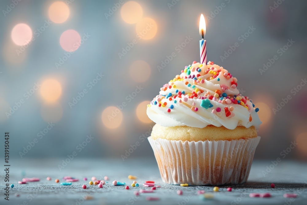 Tantalizing cupcake with creamy white frosting, adorned with vibrant sprinkles atop a sleek gray surface, set against a dreamy, blurred backdrop Tantalizing cupcake with creamy white frosting, adorned with vibrant sprinkles atop a sleek gray surface, set against a dreamy, blurred backdrop